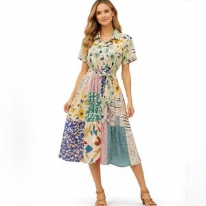 Yak & Yeti Patchwork Floral Button Front Midi Dress Size Medium🧡